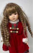 Load image into Gallery viewer, Vintage Collectible Brown Hair And Eyes Red Dress Porcelain Doll With Stand
