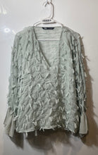Load image into Gallery viewer, Zara Womens Green Fringe Long Sleeve V-Neck Pullover Blouse Top Size Medium
