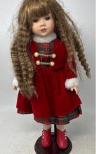 Load image into Gallery viewer, Vintage Collectible Brown Hair And Eyes Red Dress Porcelain Doll With Stand
