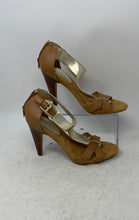 Load image into Gallery viewer, Nine West Womens Nosashay Gold Brown Leather Cone Strappy Heels Size 9.5M
