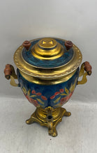 Load image into Gallery viewer, Multicolor Floral And Gold Metal Tray &amp; Teapot Set Collectible Not Tested
