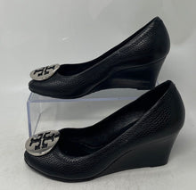Load image into Gallery viewer, Authentic Tory Burch Womens Black Leather Wedge Pump Heels Size 5.5M Worn
