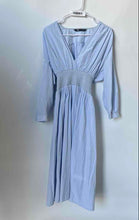 Load image into Gallery viewer, Zara Womens Light Blue Long Sleeve V-Neck Smocked Fit &amp; Flare Dress Size Small
