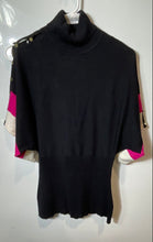 Load image into Gallery viewer, Cache Womens Black Pink White Short Sleeve Turtleneck Pullover Sweater Size M
