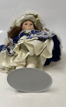 Load image into Gallery viewer, Franklin Heirloom Brown Hair Blue Eyes Porcelain Doll In Blue Dress In Open Box

