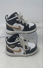 Load image into Gallery viewer, Nike Kids Air Jordan 1 Mid Patent SE Black White &amp; Gold Sneaker Shoes Size 5C

