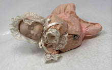 Load image into Gallery viewer, Unbranded Porcelain Pink Lace Bonnet Dress Eyes Closed Wind Up Baby Girl Doll
