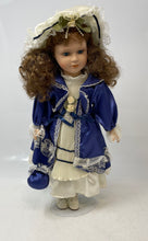 Load image into Gallery viewer, Franklin Heirloom Brown Hair Blue Eyes Porcelain Doll In Blue Dress In Open Box
