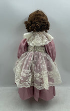 Load image into Gallery viewer, Brown Curly Hair Victorian Style Porcelain Doll In Pink White Maxi Dress
