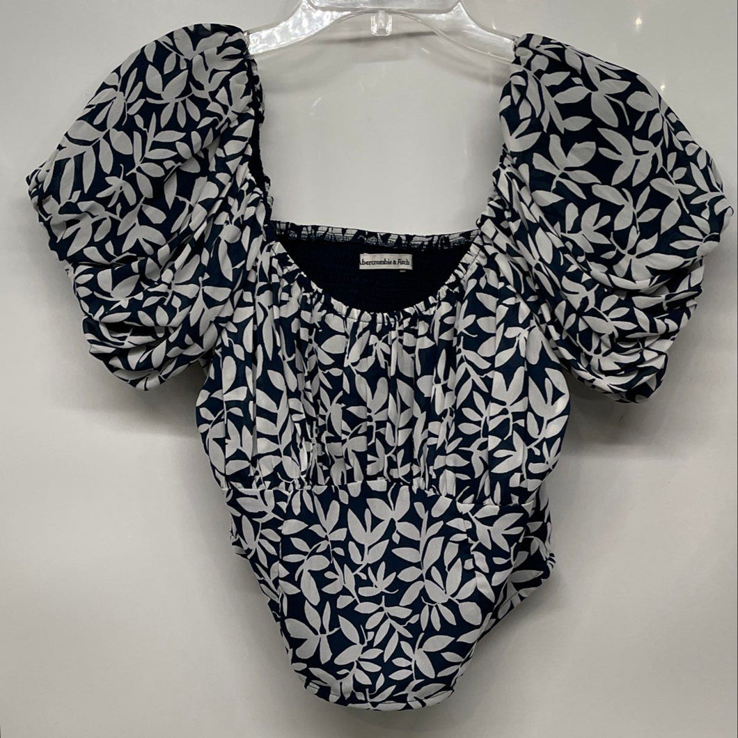 Abercrombie & Fitch Womens Blue White Leaf Print Cropped Blouse Top Size L