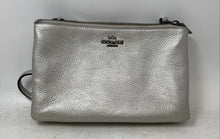 Load image into Gallery viewer, Coach Womens Silver Metallic Pebbled Leather Double Zip Charm Crossbody Handbag
