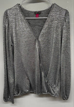 Load image into Gallery viewer, Vince Camuto Womens Silver Long Sleeve V-Neck Wrap Blouse Top Size S With Tag
