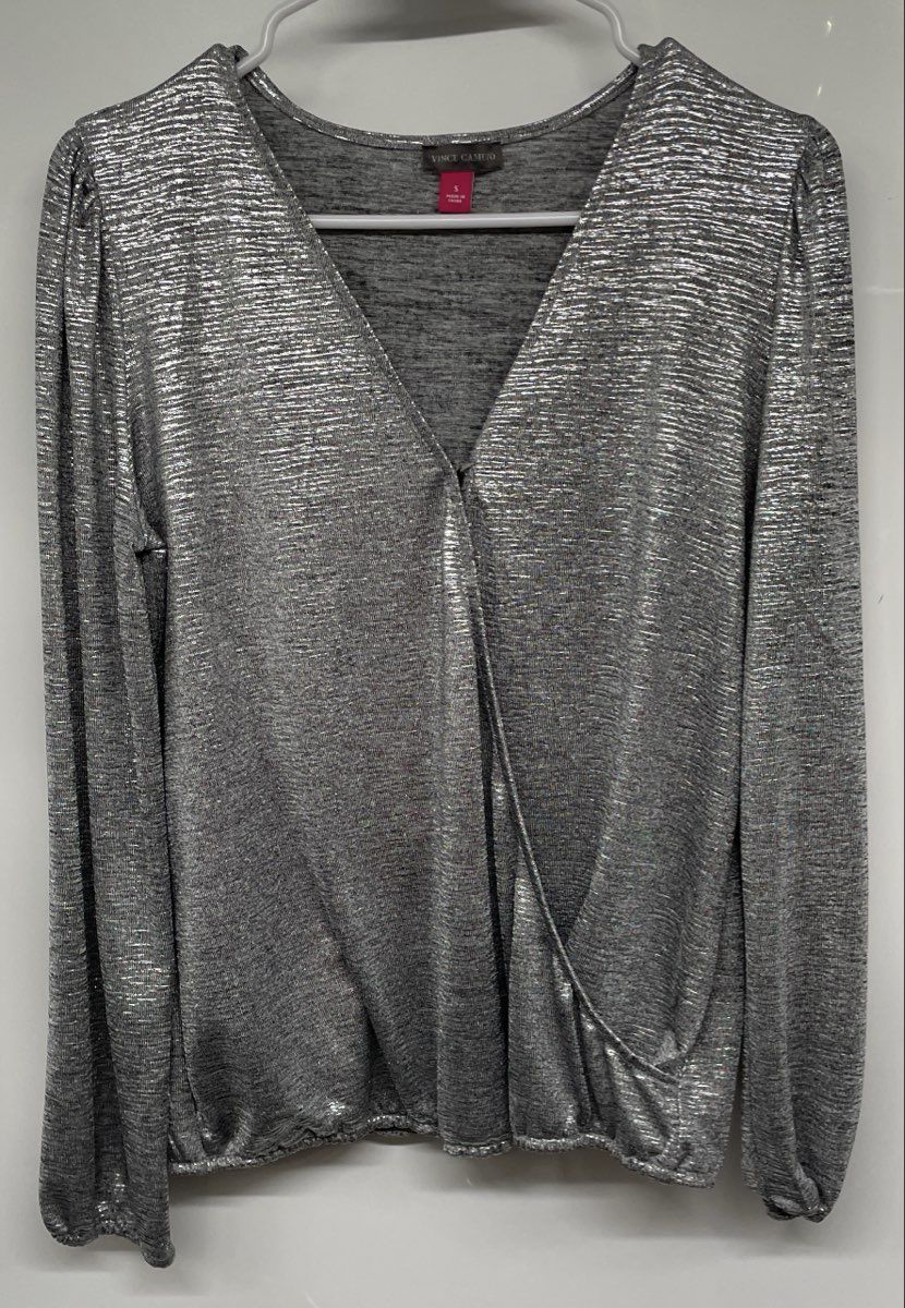 Vince Camuto Womens Silver Long Sleeve V-Neck Wrap Blouse Top Size S With Tag