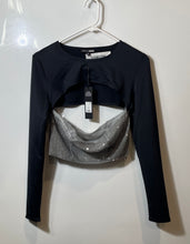 Load image into Gallery viewer, Fashion Nova Womens Black Gray Sequin Long Sleeve Cropped Blouse Top Sz M w/ Tag
