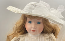 Load image into Gallery viewer, Victorian Porcelain Collectible Doll With White Dress &amp; Hat In Display Case
