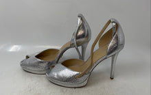 Load image into Gallery viewer, Michael Kors Womens Tiegan Silver Snakeskin Embossed Ankle Strap Heels Size 8.5M
