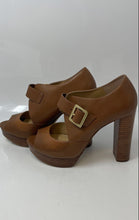 Load image into Gallery viewer, Michael Kors Womens Eleni Brown Leather Peep Toe Buckle Platform Heels Size 8.5M
