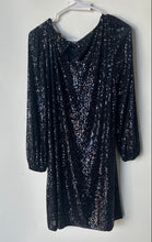 Load image into Gallery viewer, Ann Taylor Womens Blue Sequin Long Sleeve Round Neck Shift Dress Size Medium
