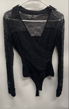 Load image into Gallery viewer, Bebe Womens Black Floral Lace Long Sleeve Surplice Neck One-Piece Bodysuit Sz S
