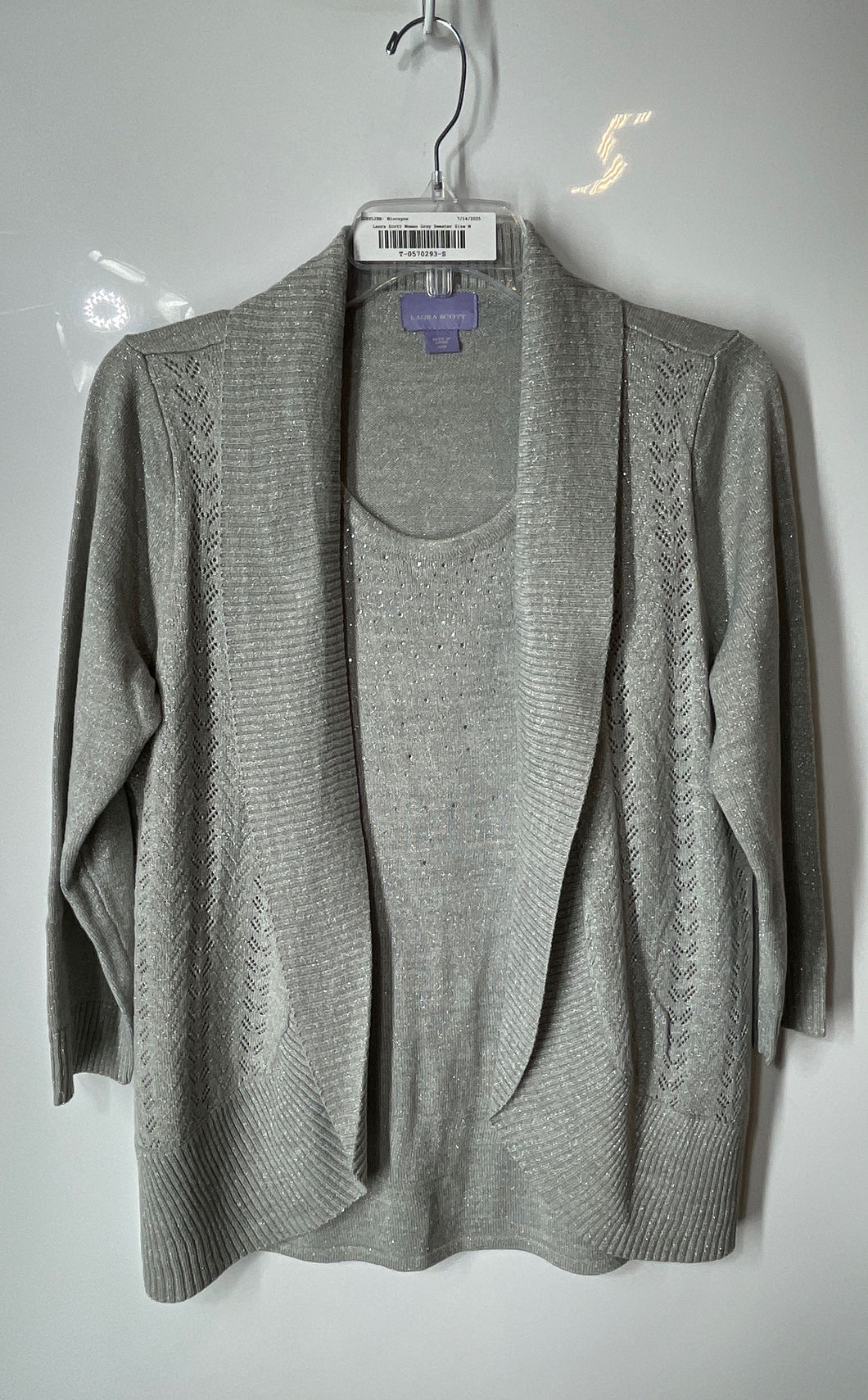 Laura Scott Womens Gray Metallic Knitted Open Front Cardigan Sweater Size Medium