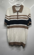 Load image into Gallery viewer, Luchiano Visconti Mens Beige White Black Striped 1/4 Zip Polo Shirt Size M w/Tag
