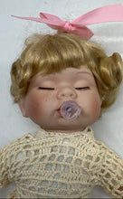 Load image into Gallery viewer, Pink Bow Crochet Dress Blonde Hair Pacifier Collectible Porcelain Doll
