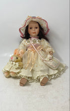 Load image into Gallery viewer, Brown Hair And Eyes Vintage Style Porcelain Doll With Cream Dress Hat &amp; Purse
