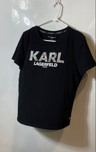 Load image into Gallery viewer, Karl Lagerfeld Womens Black White Embellished Crew Neck Pullover T-Shirt Size L
