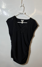 Load image into Gallery viewer, Cache Womens Black Studded Side Ruched V-Neck Blouse Top Size Medium
