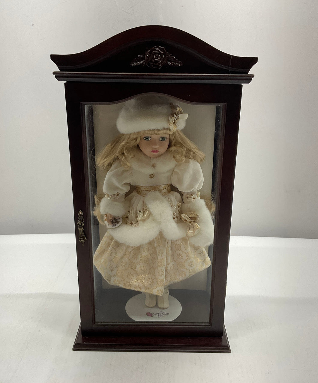 1999 Camellia Garden Collection Floral Dress Porcelain Doll On Wooden Display