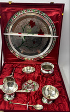 Load image into Gallery viewer, Set Of 9 Pcs Silver Tone Collectible Pooja Thali Meenakari With Red Velvet Box
