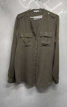 Load image into Gallery viewer, Calvin Klein Womens Military Green Roll Tab Sleeve Button-Up Shirt Size Large

