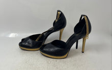 Load image into Gallery viewer, Michael Kors Womens Tiegan Black Embossed Leather Ankle Strap Heels Size 8.5
