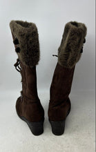 Load image into Gallery viewer, Traffic Womens Brown Fur-Trim Lace-Up Wedge Heel Knee High Snow Boots Size 8
