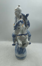 Load image into Gallery viewer, Chinese White Blue Gold Porcelain Statue Of Man With Fish Riding Horse Figurine
