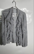 Load image into Gallery viewer, Cache Womens Blue White Striped Ruffle Long Sleeve Collared Blouse Top Size 6
