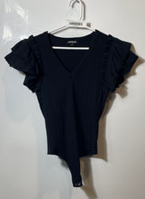 Load image into Gallery viewer, Express Womens Black Ribbed V-Neck Ruffle Sleeve Bodysuit Blouse Top Size Small
