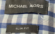 Load image into Gallery viewer, Michael Kors Mens Blue White Plaid Print Cotton Slim Fit Dress Shirt Size L
