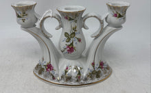 Load image into Gallery viewer, Vintage Chodziez White Ceramic Floral Gold Trim Three Arm Candlestick Holder
