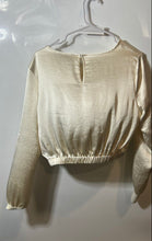 Load image into Gallery viewer, Express Womens Beige Satin Round Neck Long Sleeve Cropped Blouse Top Size Small
