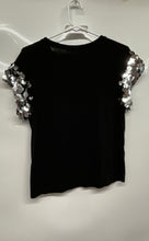 Load image into Gallery viewer, Runway Womens Black Sequin Short Sleeve Front Pocket Blouse Top Shirt Size M/L
