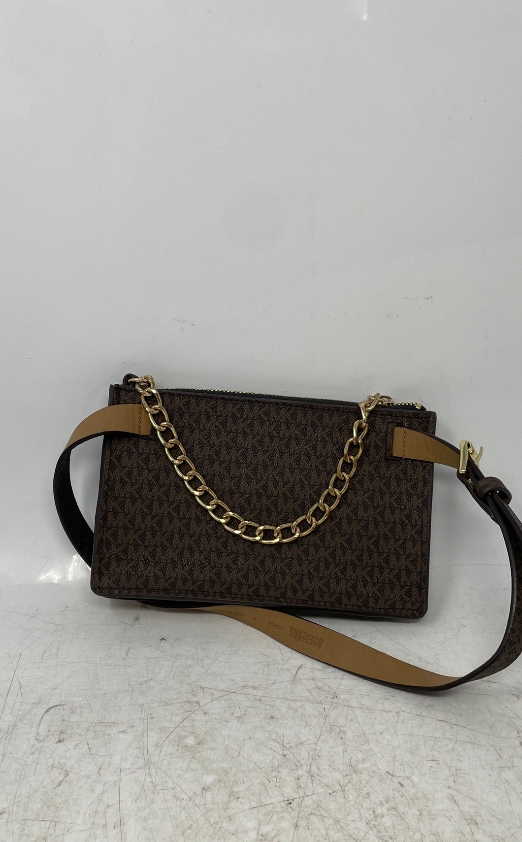 Michael Kors Womens Brown Monogram Print Zipper Small Shoulder Handbag