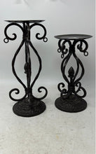 Load image into Gallery viewer, Metal Brown Ornate Scrollwork Round Top Pillar Candle Holders Set Of 2 Pcs
