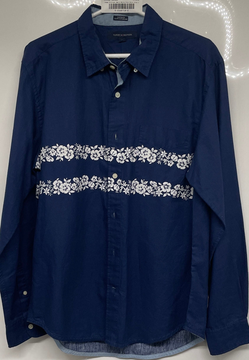 Tommy Hilfiger Mens White Blue Floral Custom Fit Button-Up Shirt Size L