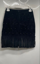 Load image into Gallery viewer, Karen Kada Womens Black Embellished Back-Zip Fringe Hem A-Line Skirt Size 4
