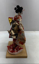 Load image into Gallery viewer, Handmade Decorative Japanese Geisha Doll With Floral Kimono Outfit On Wood Base
