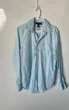 Load image into Gallery viewer, Tommy Hilfiger Mens Turquoise White Striped Cotton Classic Fit Button-Up Shirt S
