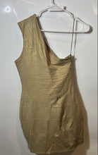 Load image into Gallery viewer, Express Womens Dark Khaki Textured Striped One-Shoulder Mini Bandage Dress Sz M
