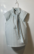 Load image into Gallery viewer, Ann Taylor Womens Green White Striped Short Sleeve Tie-Neck Blouse Top Size S
