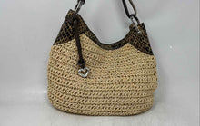 Load image into Gallery viewer, Brighton Womens Leela Beige Crochet Straw Leather Snake Trim Crossbody Handbag
